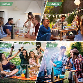 Fretech Fly Fan used during outdoor picnic keeps dining area clear.