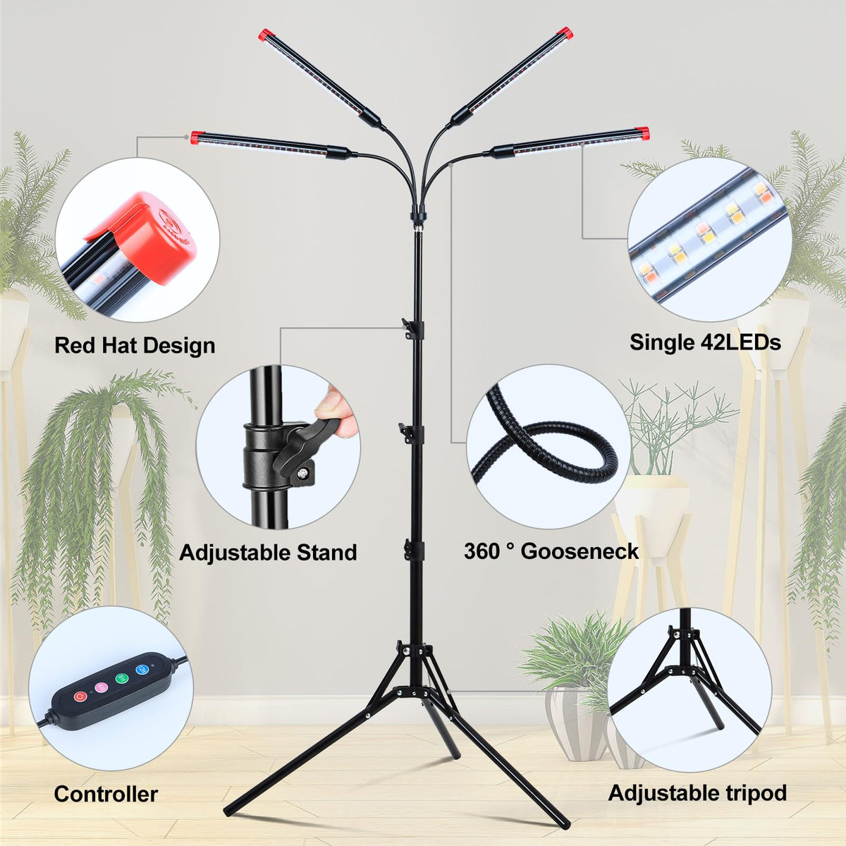 FRGROW 4Head with 360-degree gooseneck for precise light angle.