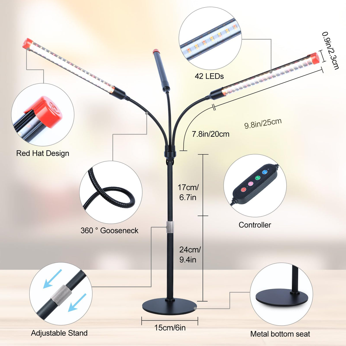 FRGROW full-spectrum desk lamp shines over leafy greens at home