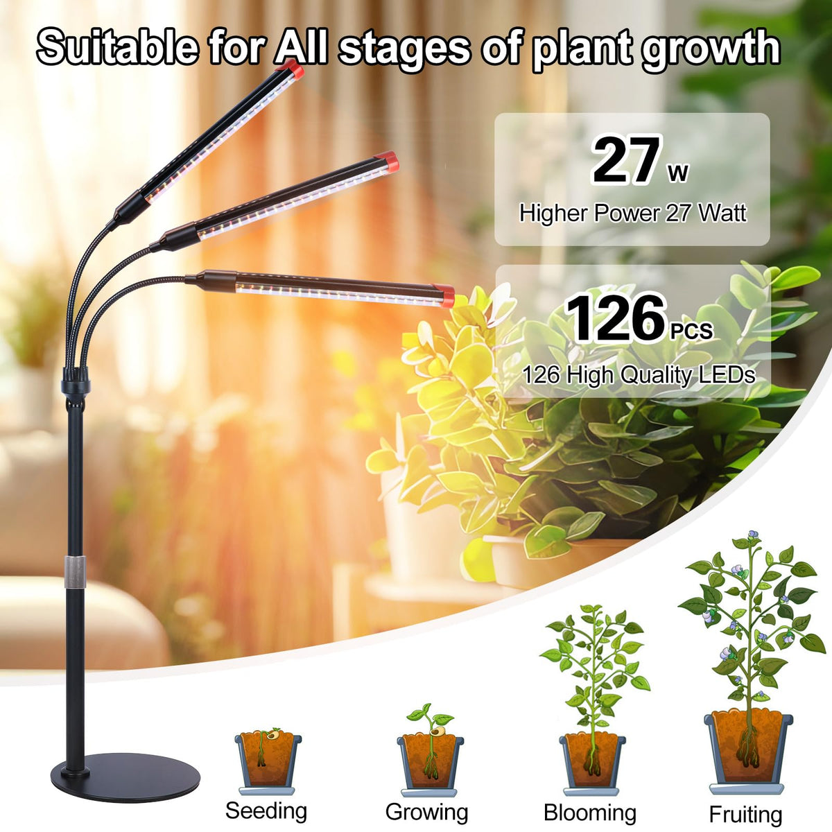 FRGROW 3Head grow light illuminating seedlings with full spectrum glow for healthy starts
