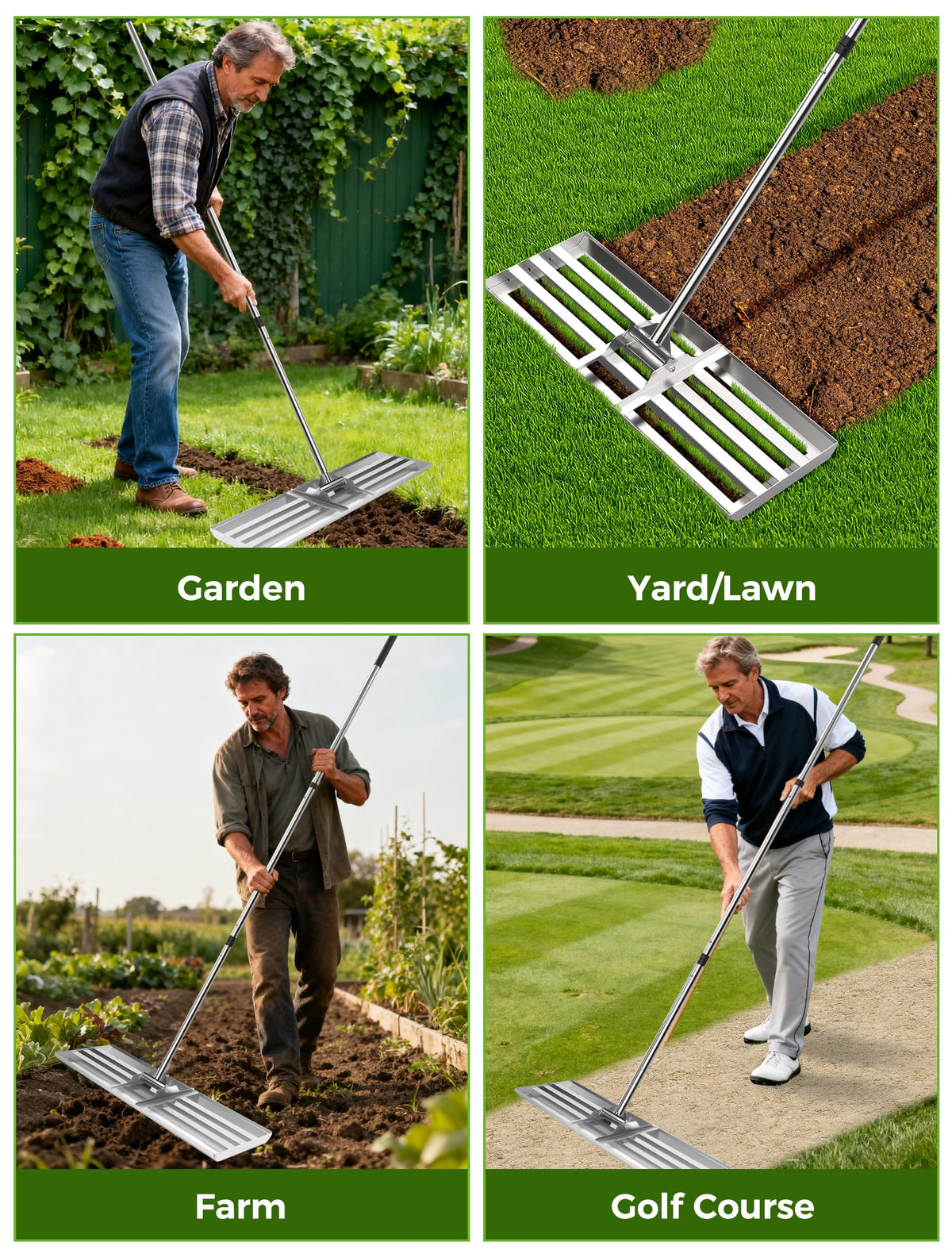 FRIDOU versatile landscape rake for smoothing soil, sand, or compost