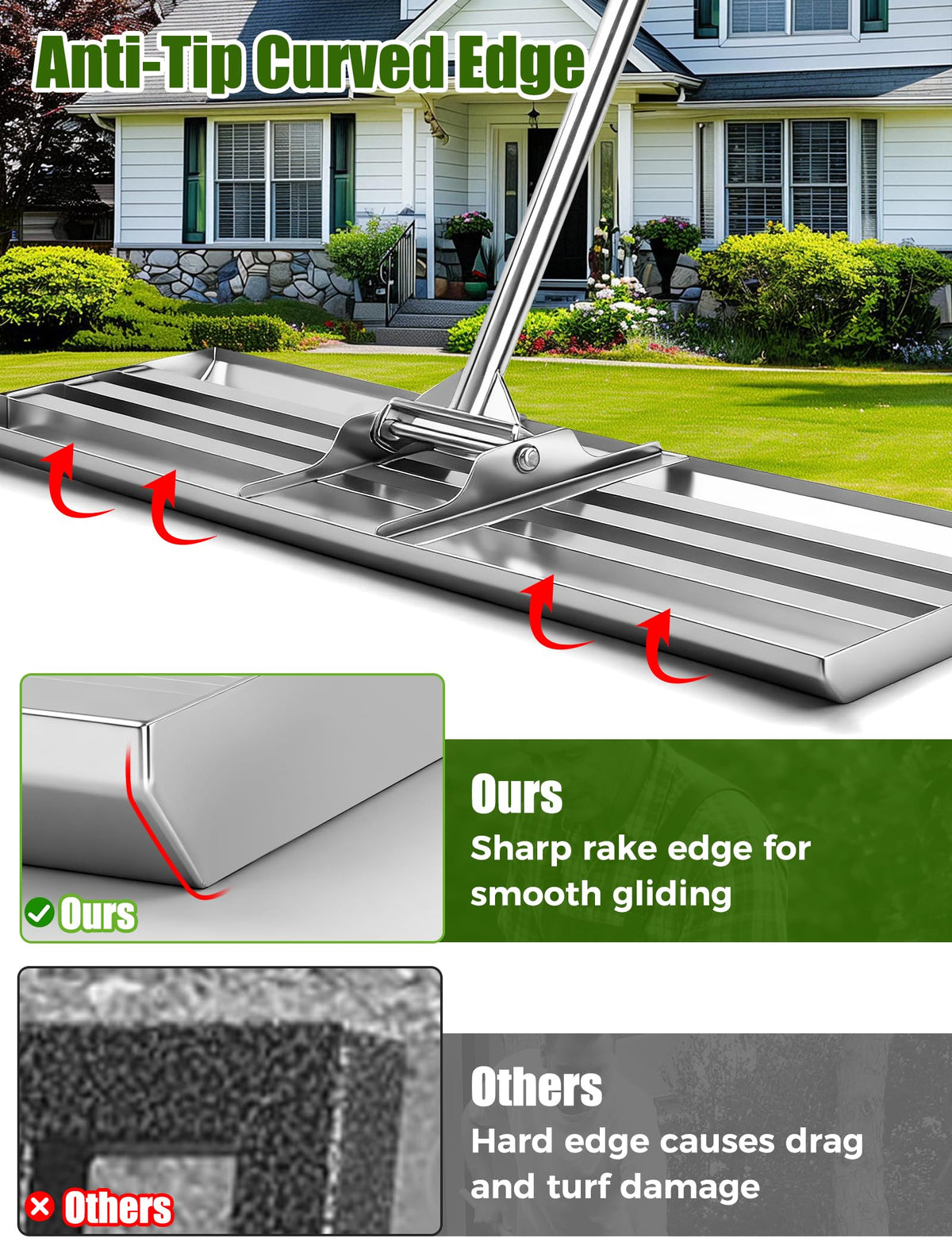 FRIDOU quick-plug handle on lawn leveling rake enables fast setup