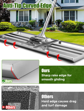 FRIDOU quick-plug handle on lawn leveling rake enables fast setup