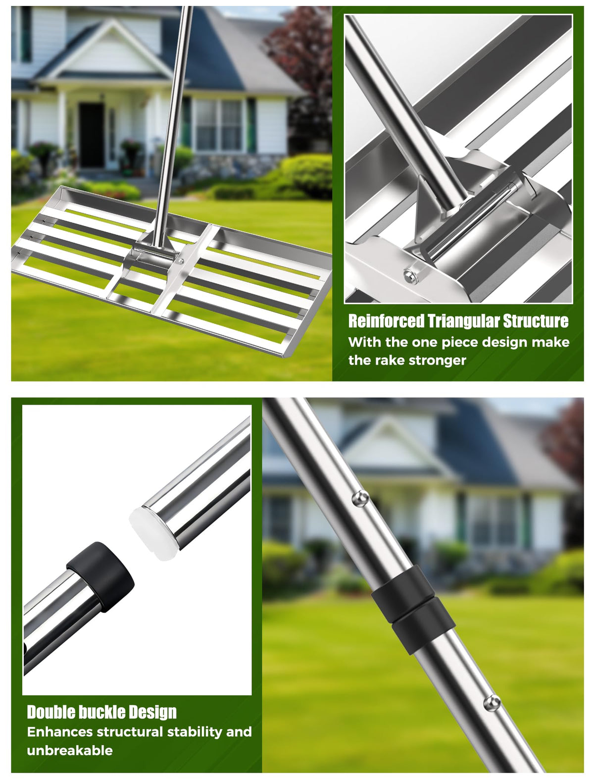 FRIDOU curved-edge rake minimizes turf damage during leveling