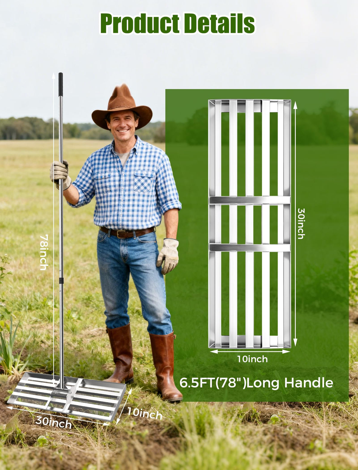 FRIDOU lawn leveling rake with triangle connectors for reinforced strength