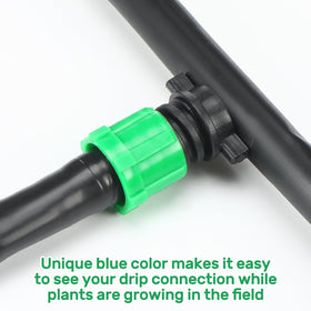 Frienda barb locking fitting for 5/8 inch drip tape compatibility.