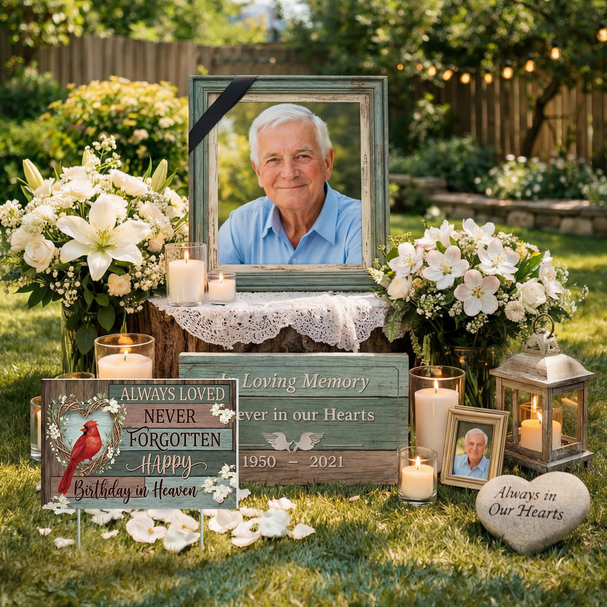 Frienda vibrant birthday in heaven sign featuring cardinal for memorial occasions.