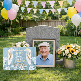 Frienda colorful ribbons, balloons, and cake design adds a heartfelt celebratory tone.