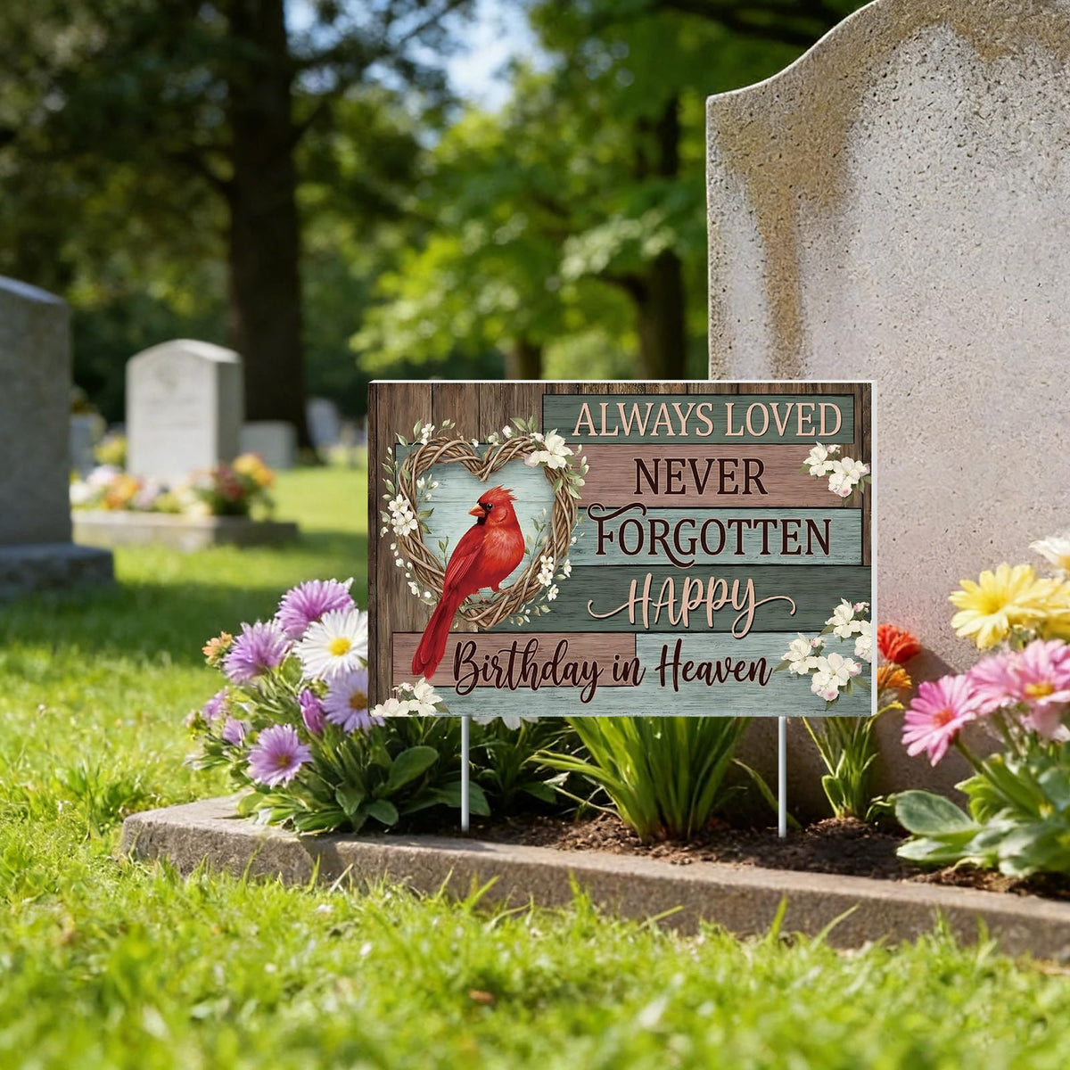 Frienda Happy Birthday in Heaven yard sign with cardinal for gravesite memorial, weatherproof.