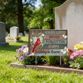 Frienda Happy Birthday in Heaven yard sign with cardinal for gravesite memorial, weatherproof.