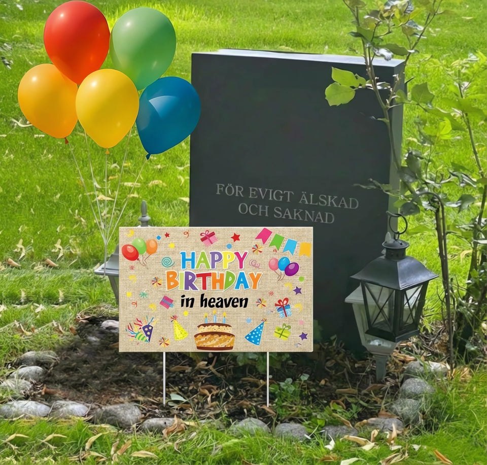 Frienda Happy Birthday in Heaven yard sign with ribbons and balloons for grave memorials.