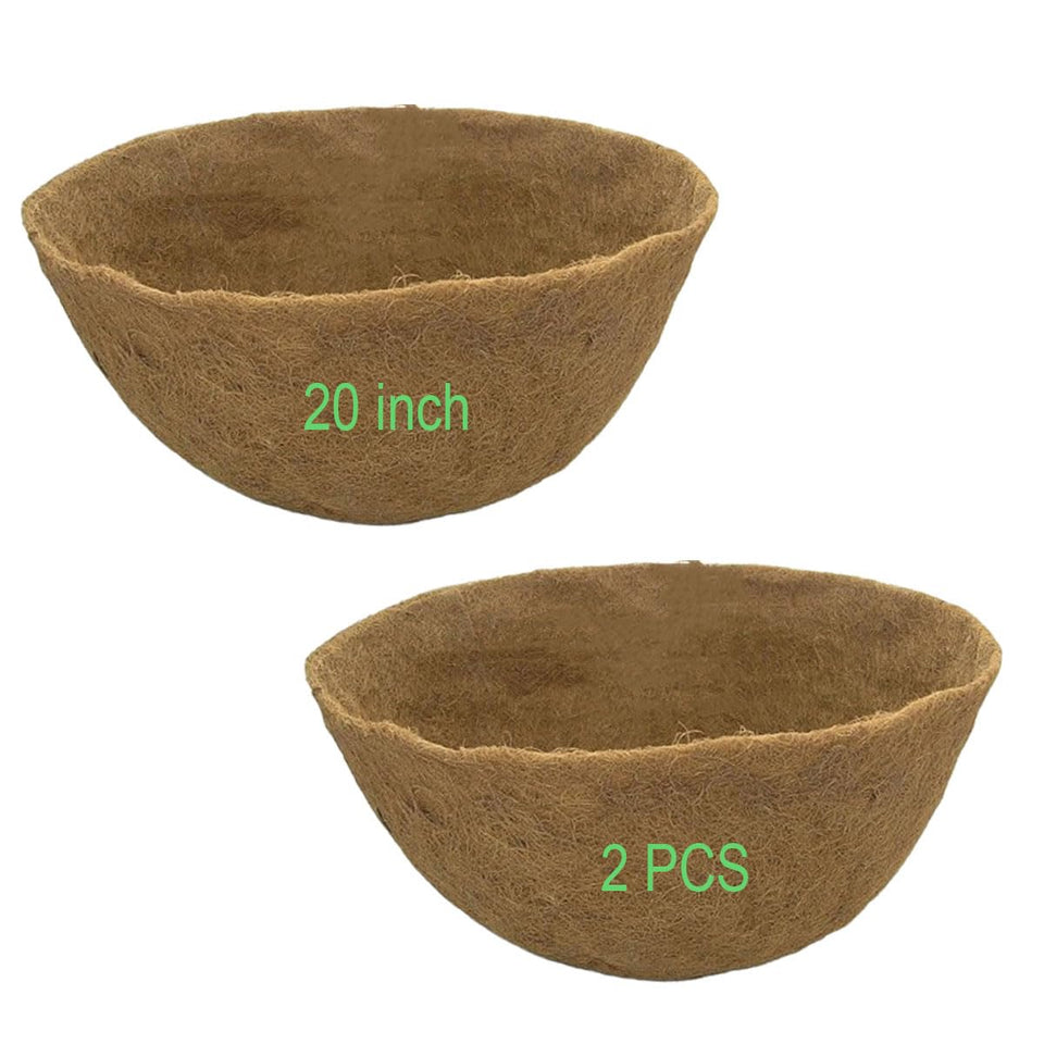 Frillybutts Coco Liners in a 20-inch round basket create tidy soil and natural texture.