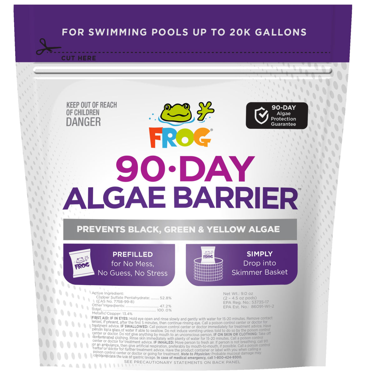 FROG 90-Day Algae Barrier pods dispensing into pool skimmer for proactive protection