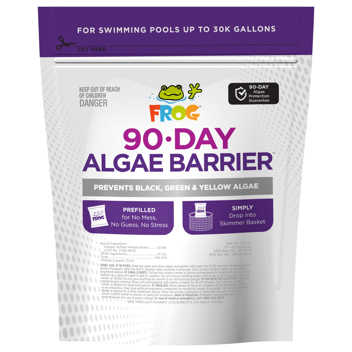 FROG 90-Day Algae Barrier pods dispensing into a pool skimmer for easy maintenance.