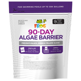 FROG 90-Day Algae Barrier pods dispensing into a pool skimmer for easy maintenance.