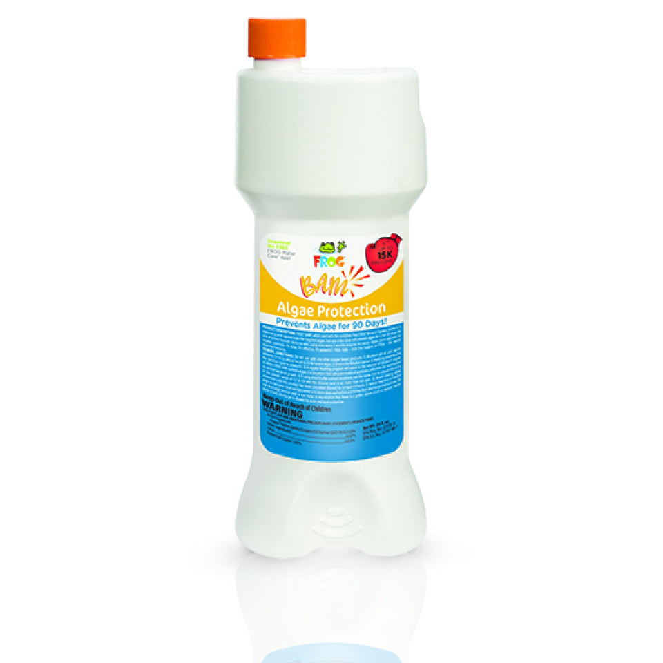 FROG BAM 90-Day algaecide bottle ready for pool algae prevention and care