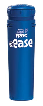 FROG EASE in-line mineral cartridge packaging shows mess-free setup for spa care.