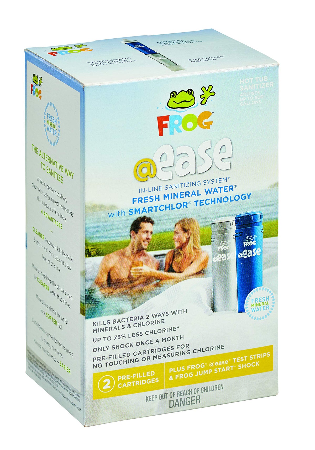 FROG test strips used to monitor sanitizer and pH levels in the spa water.