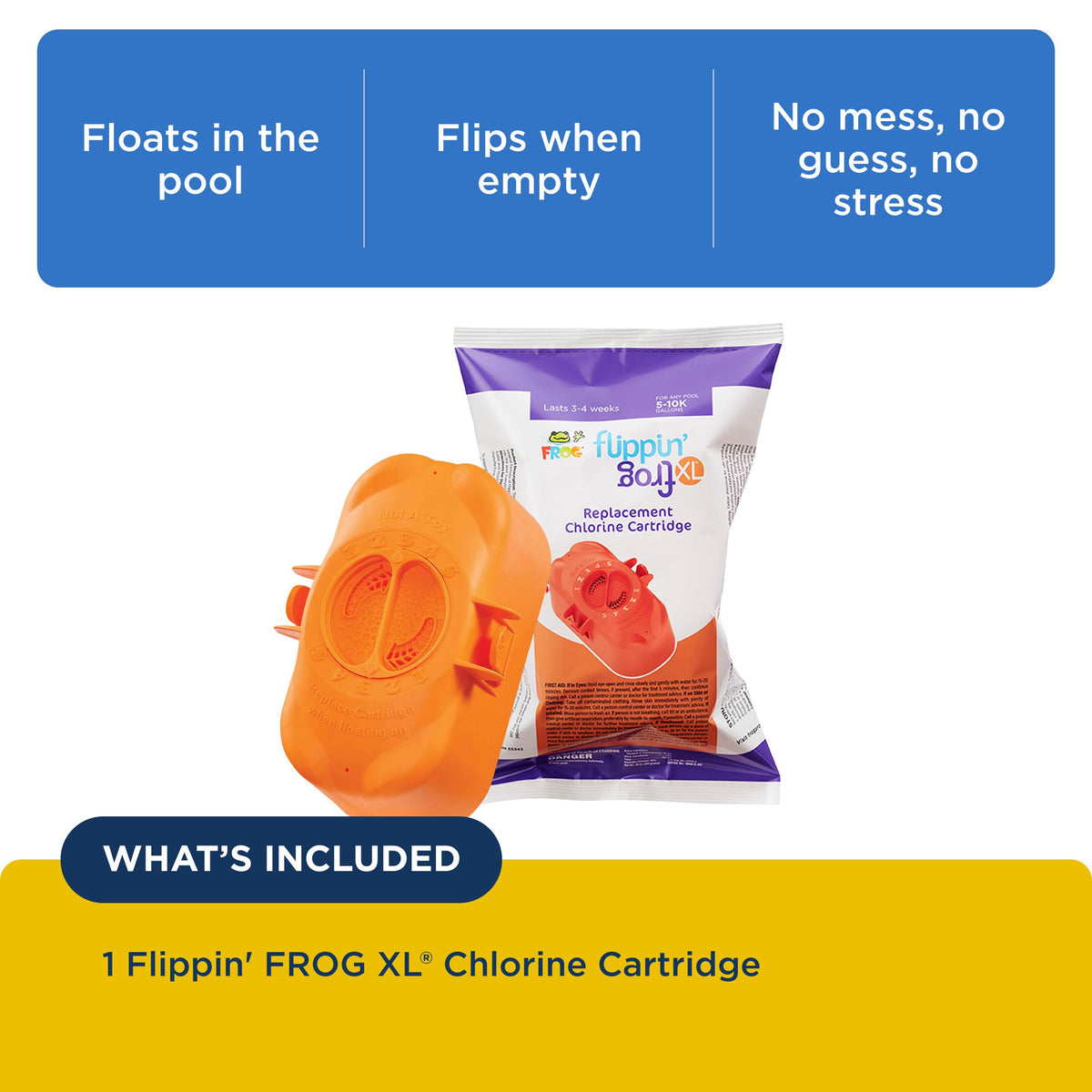 FROG prefilled chlorine cartridge in hand highlights quick replacement