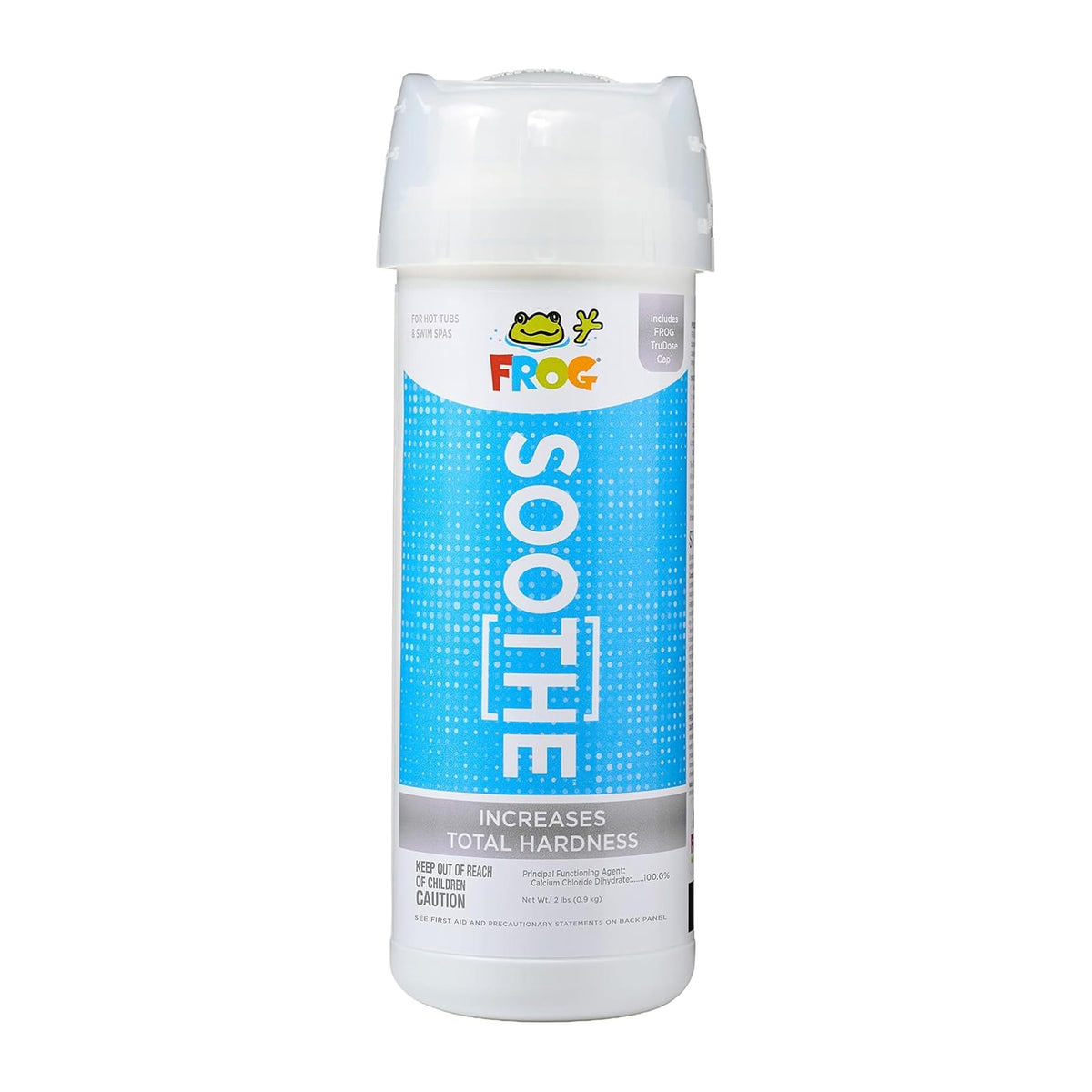 FROG Soothe calcium-total-hardness-bottle balances hot tub water for safer surfaces.