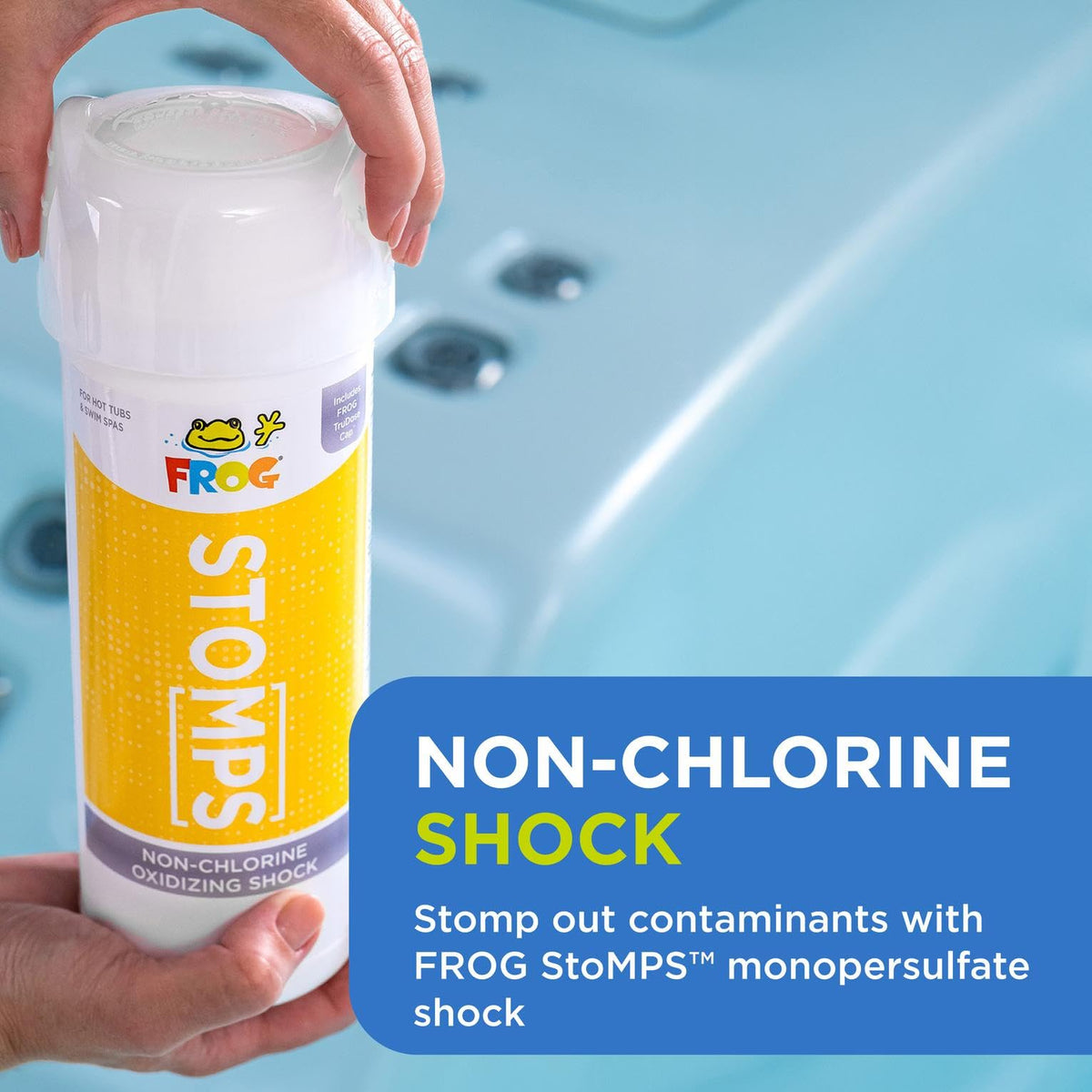 FROG StoMPS bottle with secure cap prevents spills.
