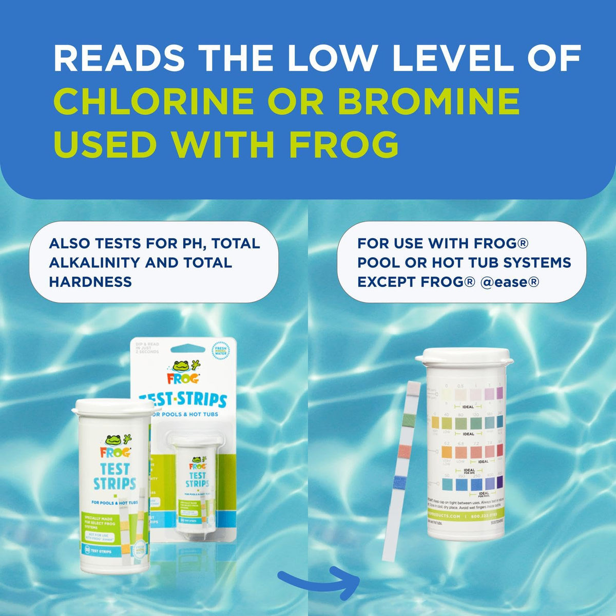 FROG Test Strips pH and alkalinity readouts reveal water balance.