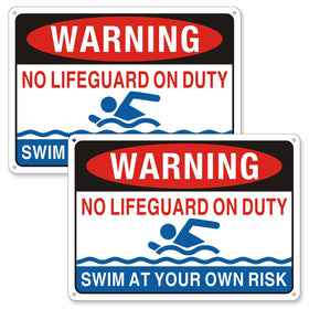 Frohllia No Lifeguard On Duty Sign 2-Pack front view with high visibility for outdoor pools