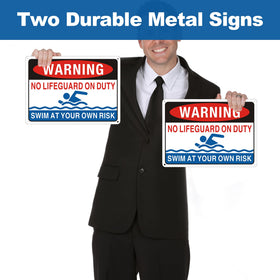 Frohllia No Lifeguard On Duty Sign 2-Pack demonstrates outdoor durability in wet and windy conditions