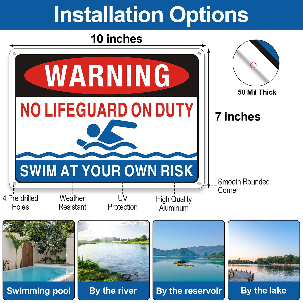 Frohllia No Lifeguard On Duty Sign with optional reflective coating for night visibility