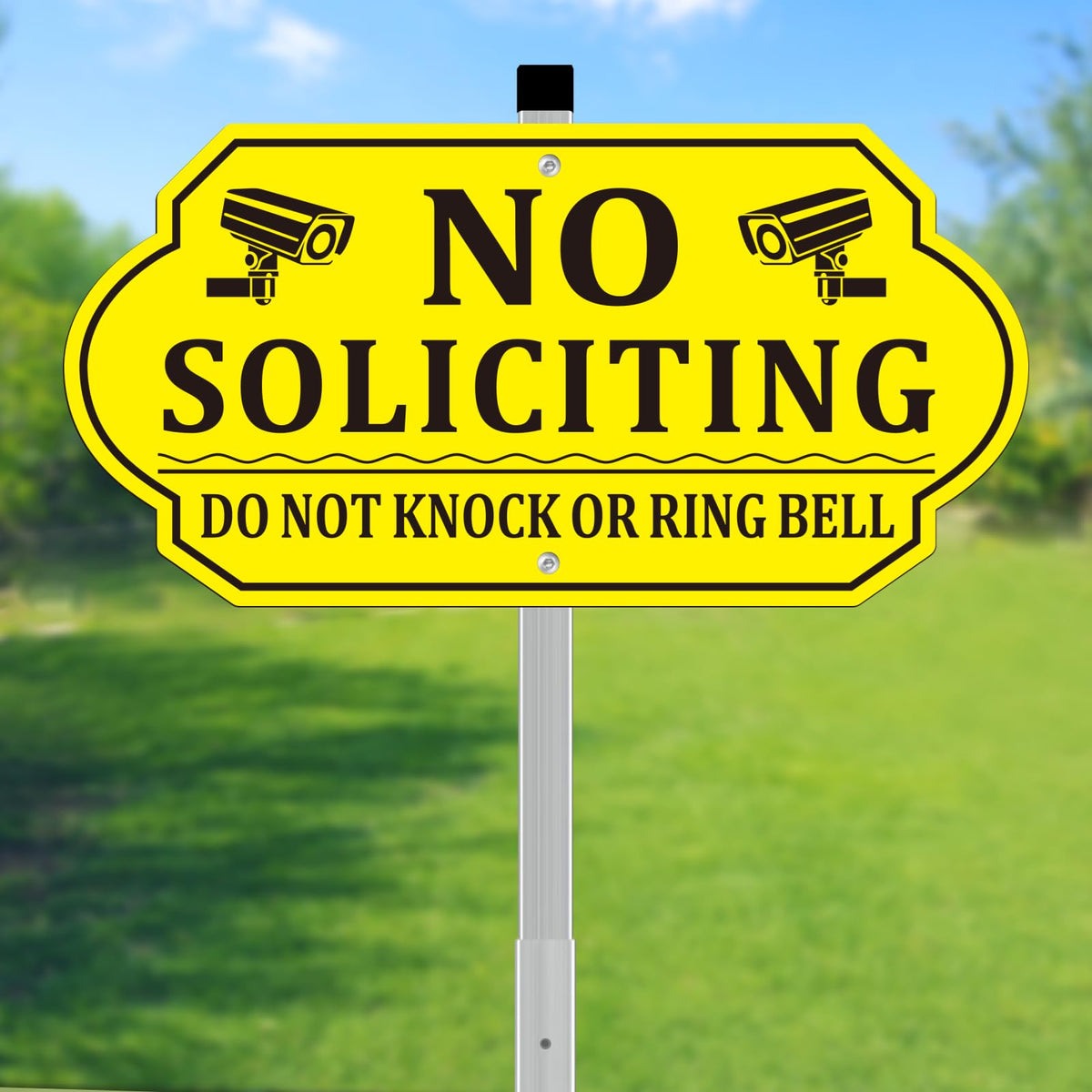 Frohllia no soliciting sign for house with stake shown in yard for privacy and boundary clarity
