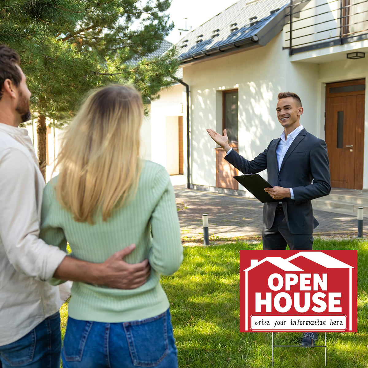 Frohllia Open House Sign with 15-inch stake provides stable outdoor placement.