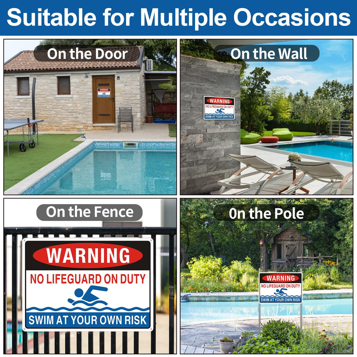 Frohllia Swim At Your Own Risk Sign with vivid colors for clear pool rules from multiple angles