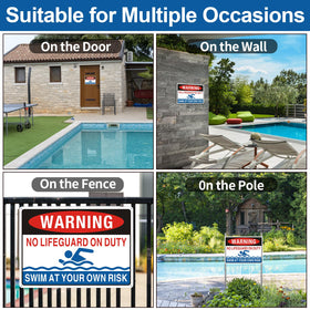 Frohllia Swim At Your Own Risk Sign with vivid colors for clear pool rules from multiple angles