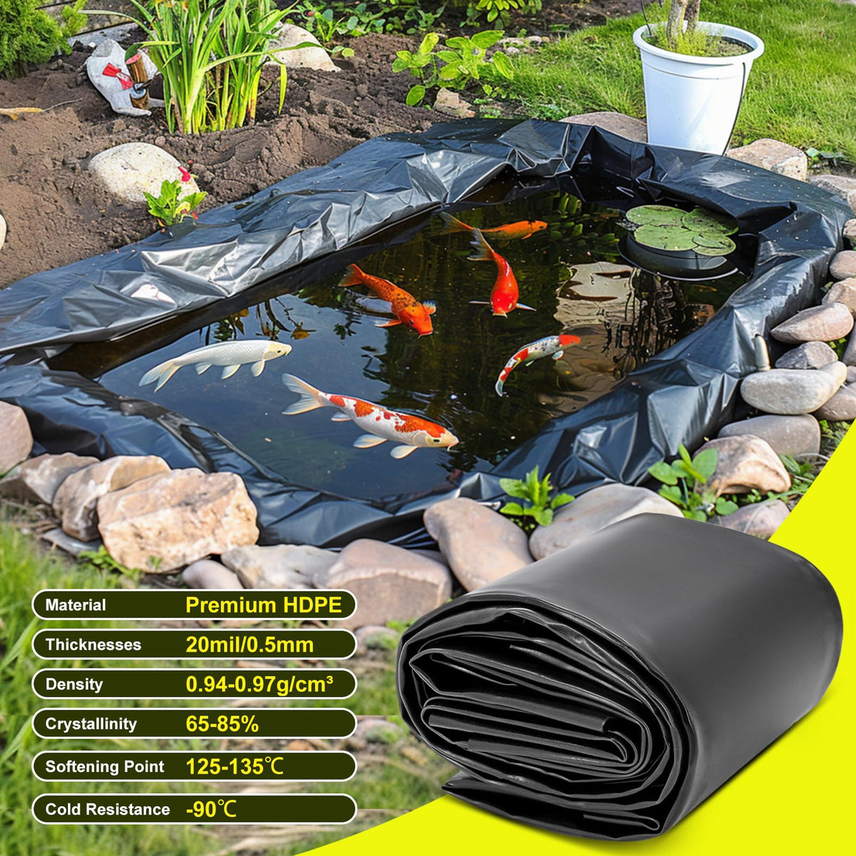 Froidesente pond liner multi-use applications for waterfalls, fountains, and koi ponds.