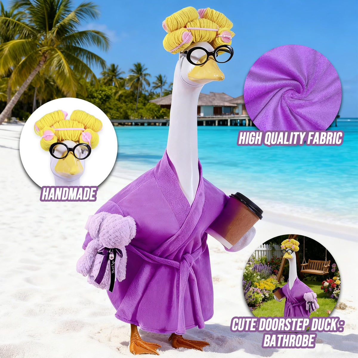 Froklic yellow curly wig with glasses on a goose statue for a playful look