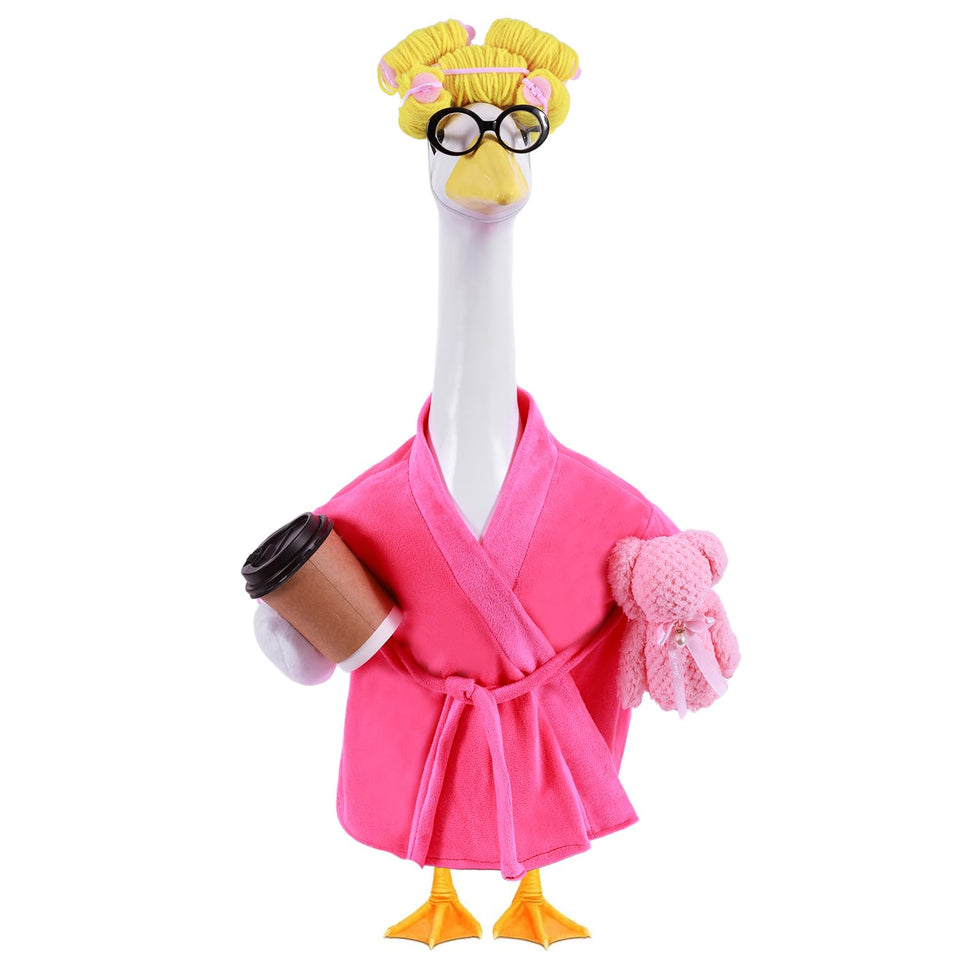 Froklic Lady Porch Goose Outfit pink bathrobe on 23-inch statue adds playful charm