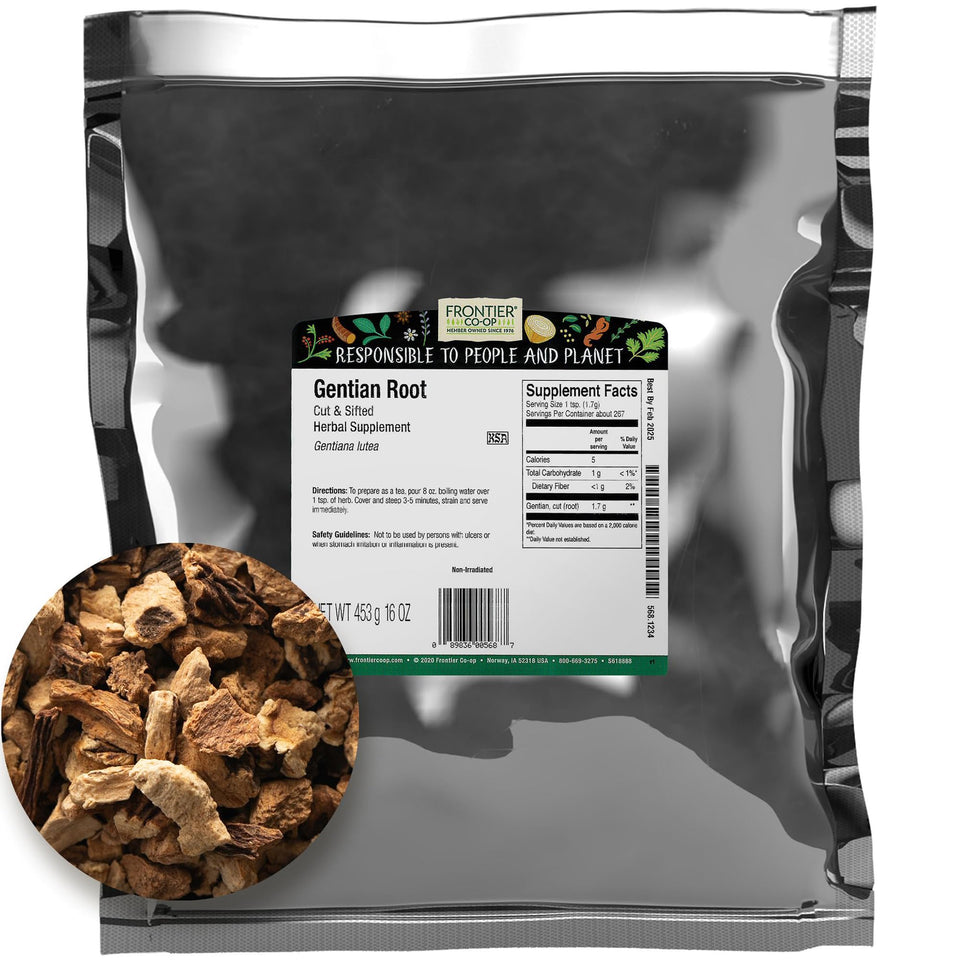 Frontier Co-op gentian root cut and sifted in bulk 1lb bag for bold bitterness in teas