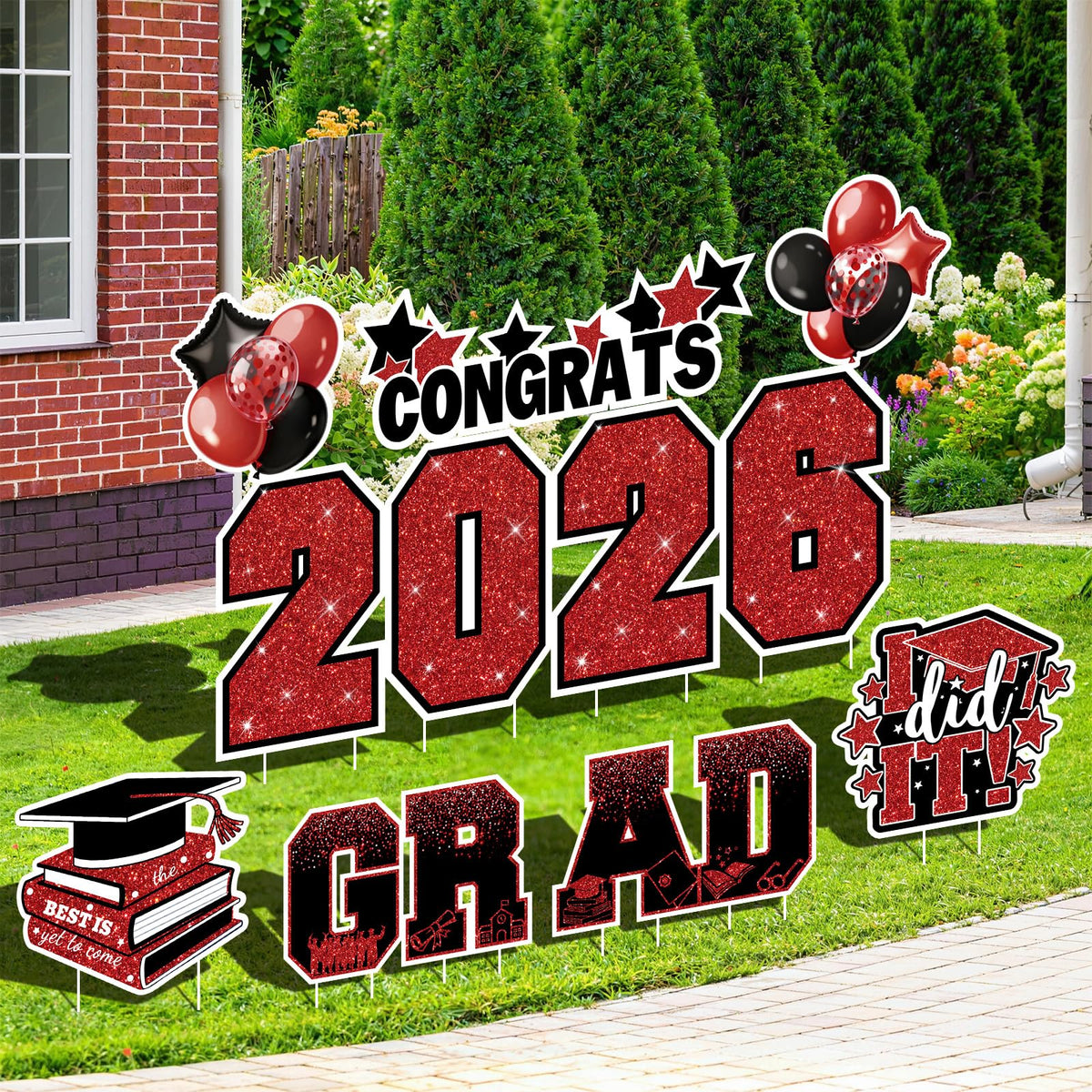 Froova black and red balloon cluster signs add celebratory accents.