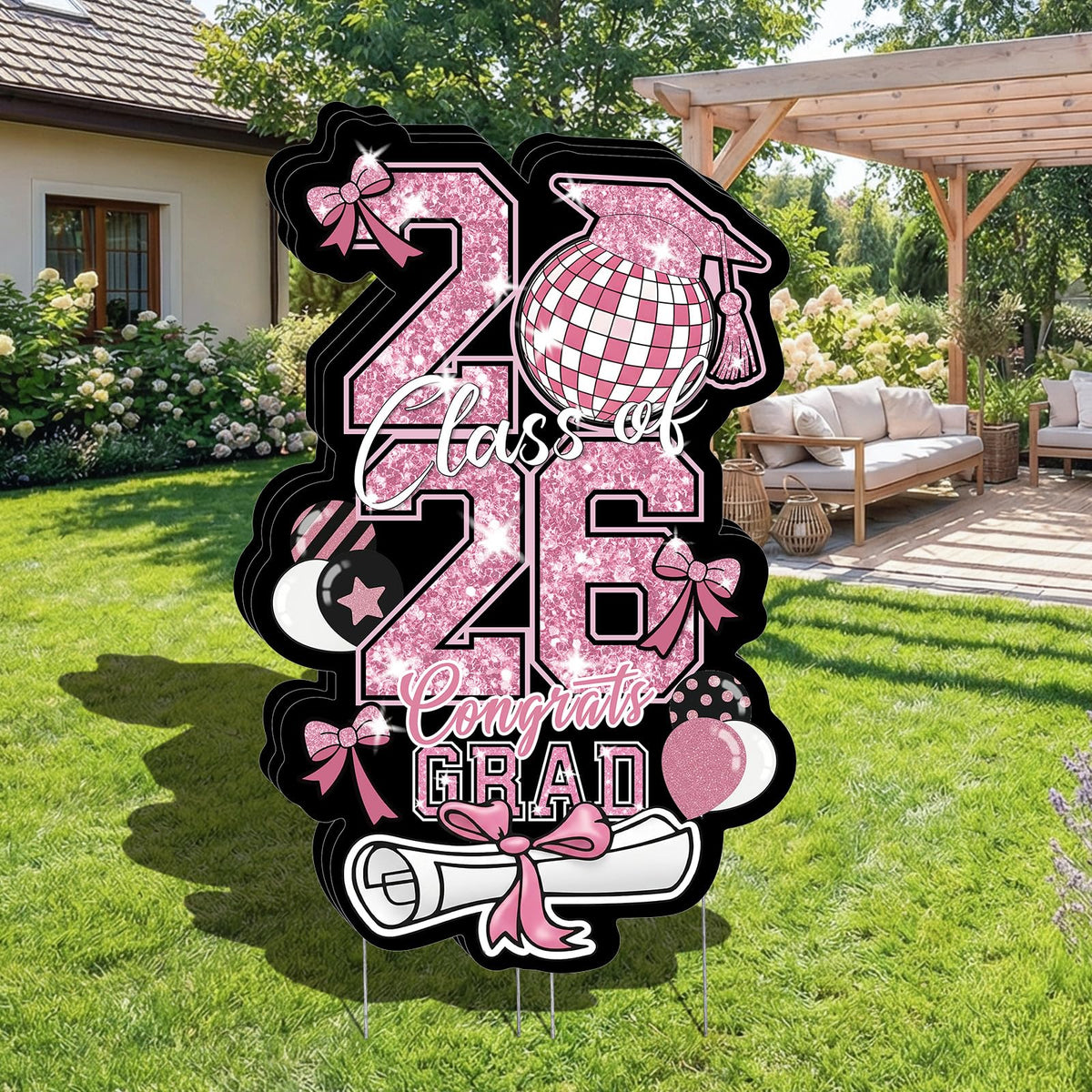 Froova class of 2026 sign pink disco ball enhances curb appeal for graduation.