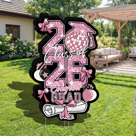 Froova class of 2026 sign pink disco ball enhances curb appeal for graduation.