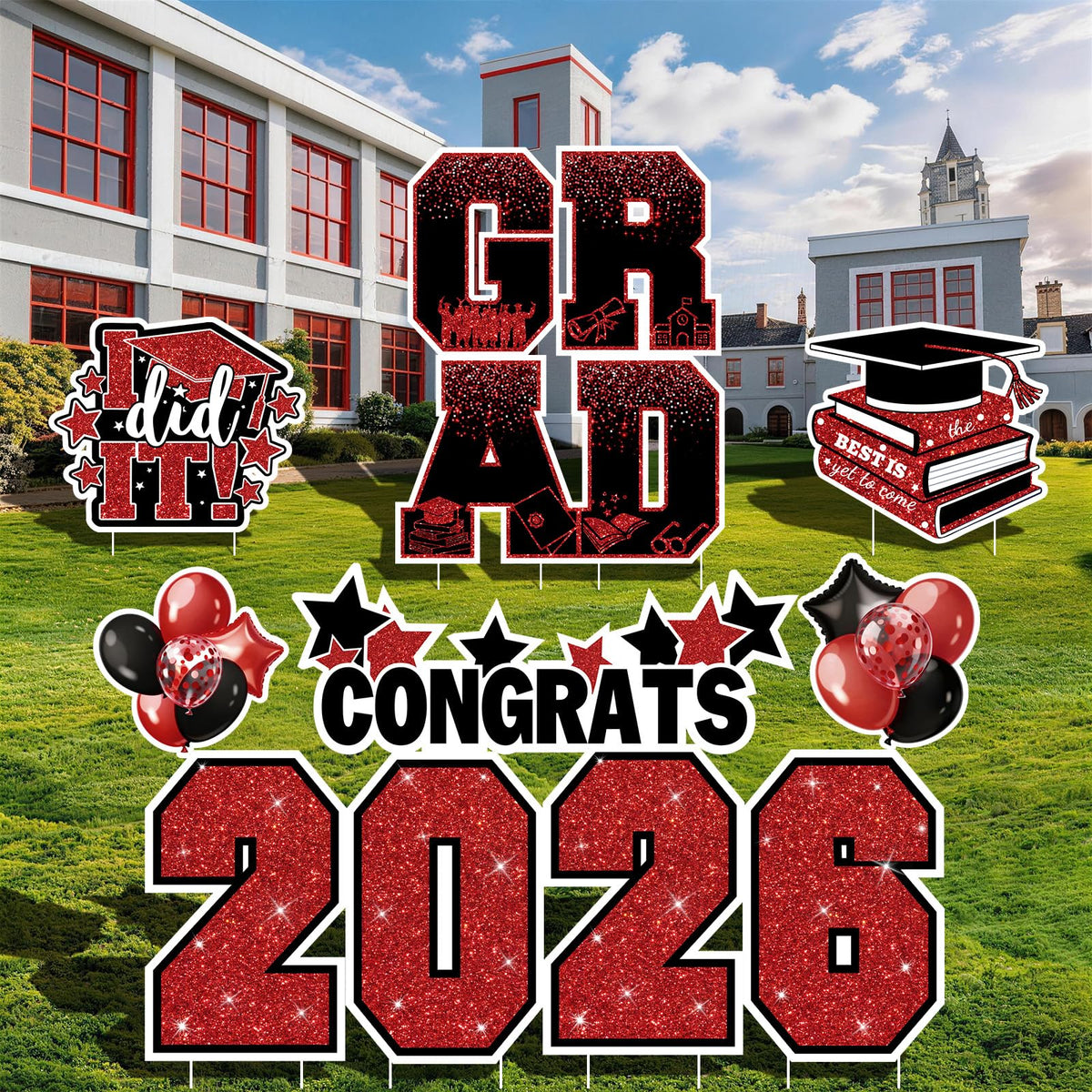 Froova I did It grad cap sign enhances festive graduation imagery.