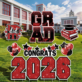 Froova I did It grad cap sign enhances festive graduation imagery.
