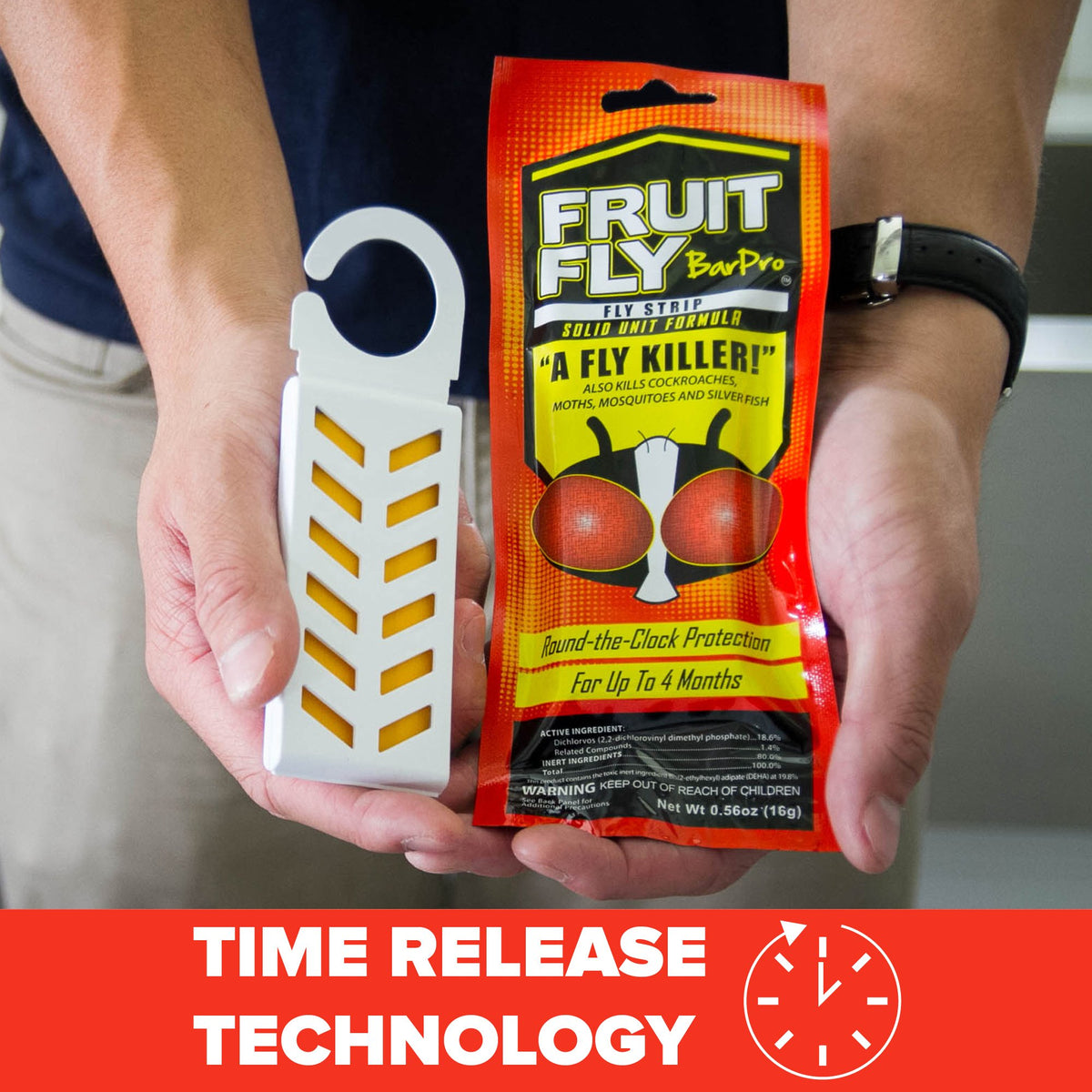 Fruit Fly BarPro strip mounted in a bathroom corner reduces flying insects.