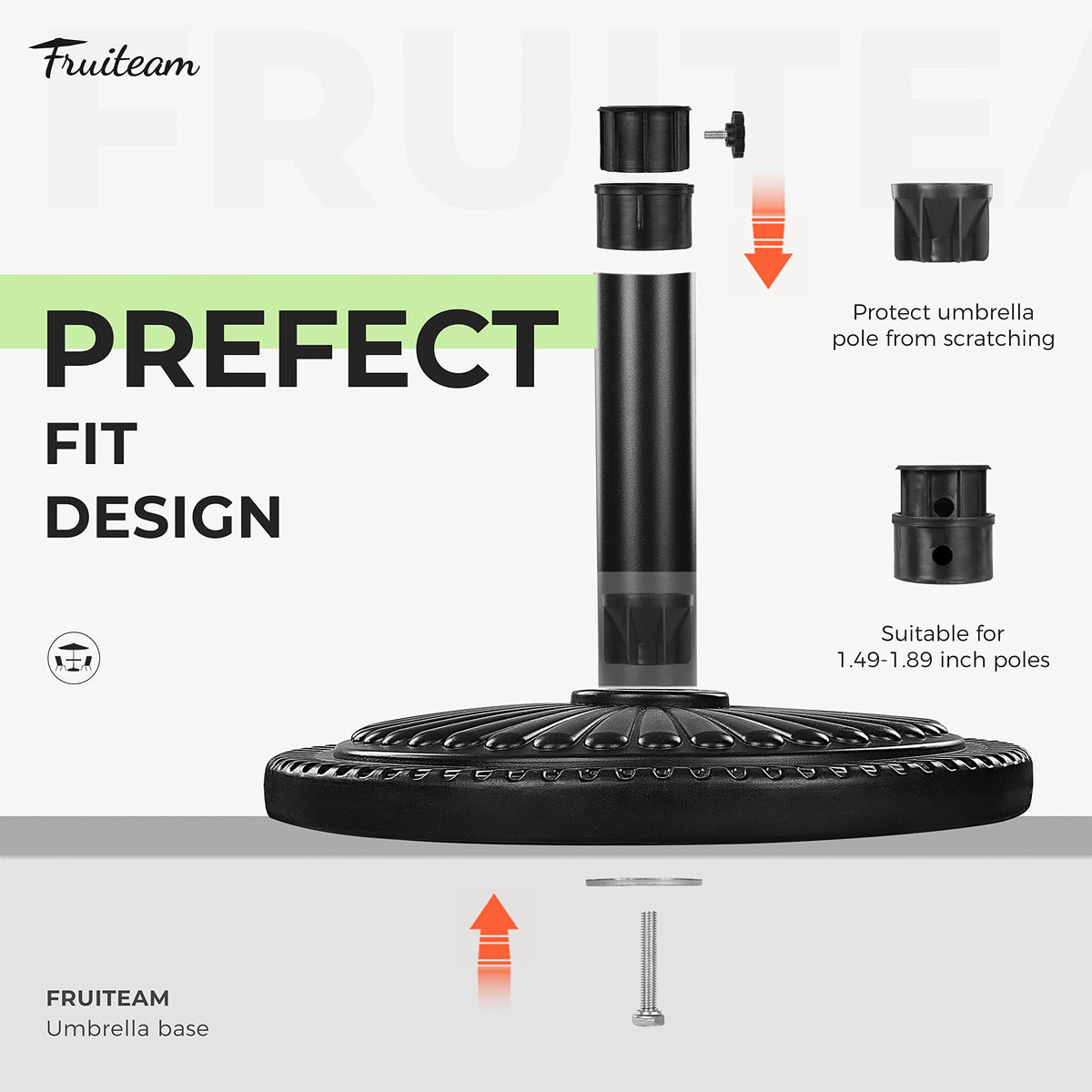 FRUITEAM adjustable piston fits umbrella posts of various diameters for secure setup