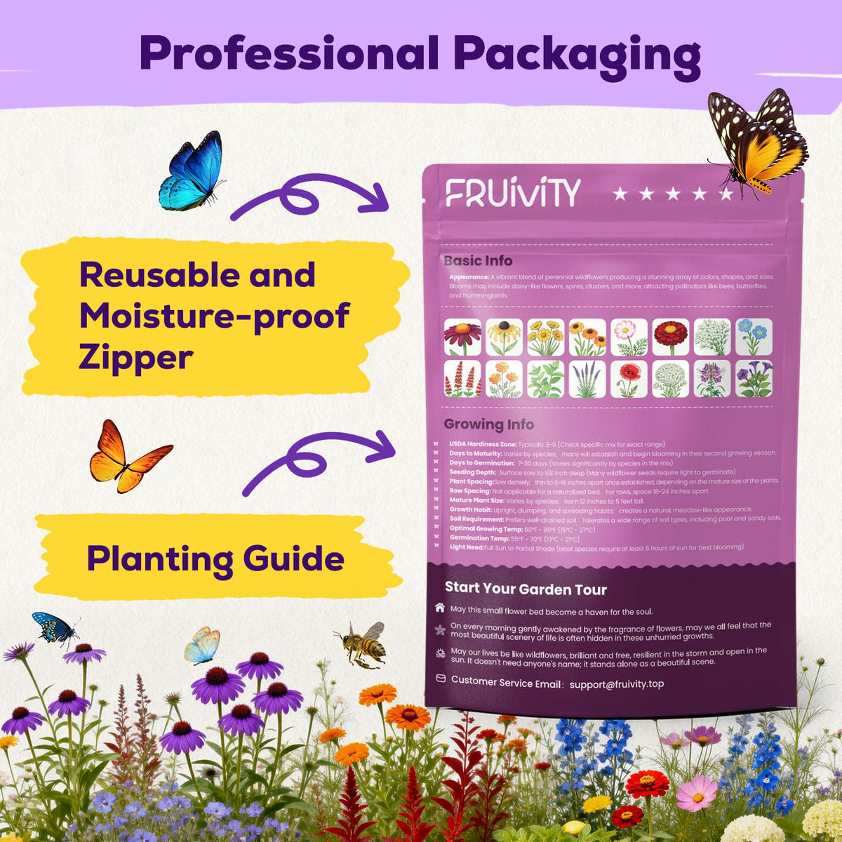 Fruivity drought-tolerant wildflower mix; versatile for meadows, rooftops, and sun-drenched patches.