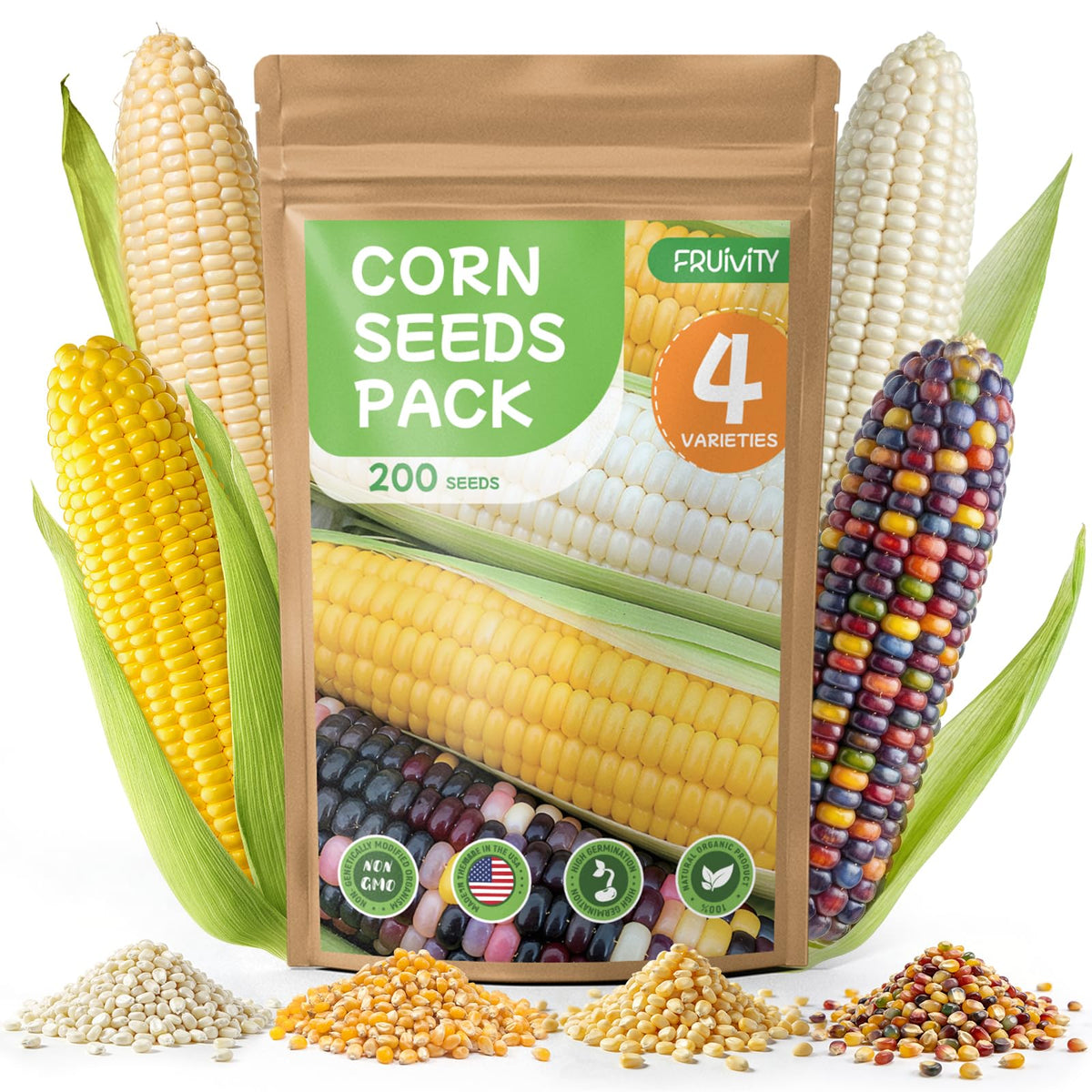 Fruivity 4 Corn Seeds Variety Pack; packaging and seeds for a thriving garden.
