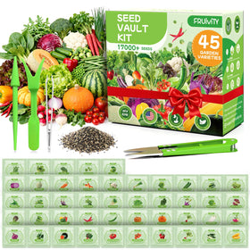 Fruivity seed packets display for 45-vegetable seeds in a home garden.