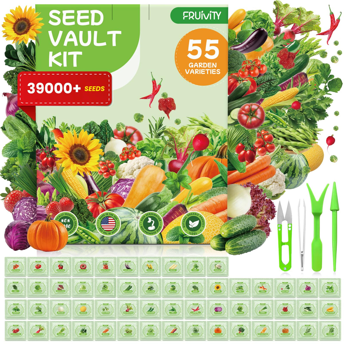 Fruivity 55 seed pack cover shows diverse heirloom varieties for a versatile garden.