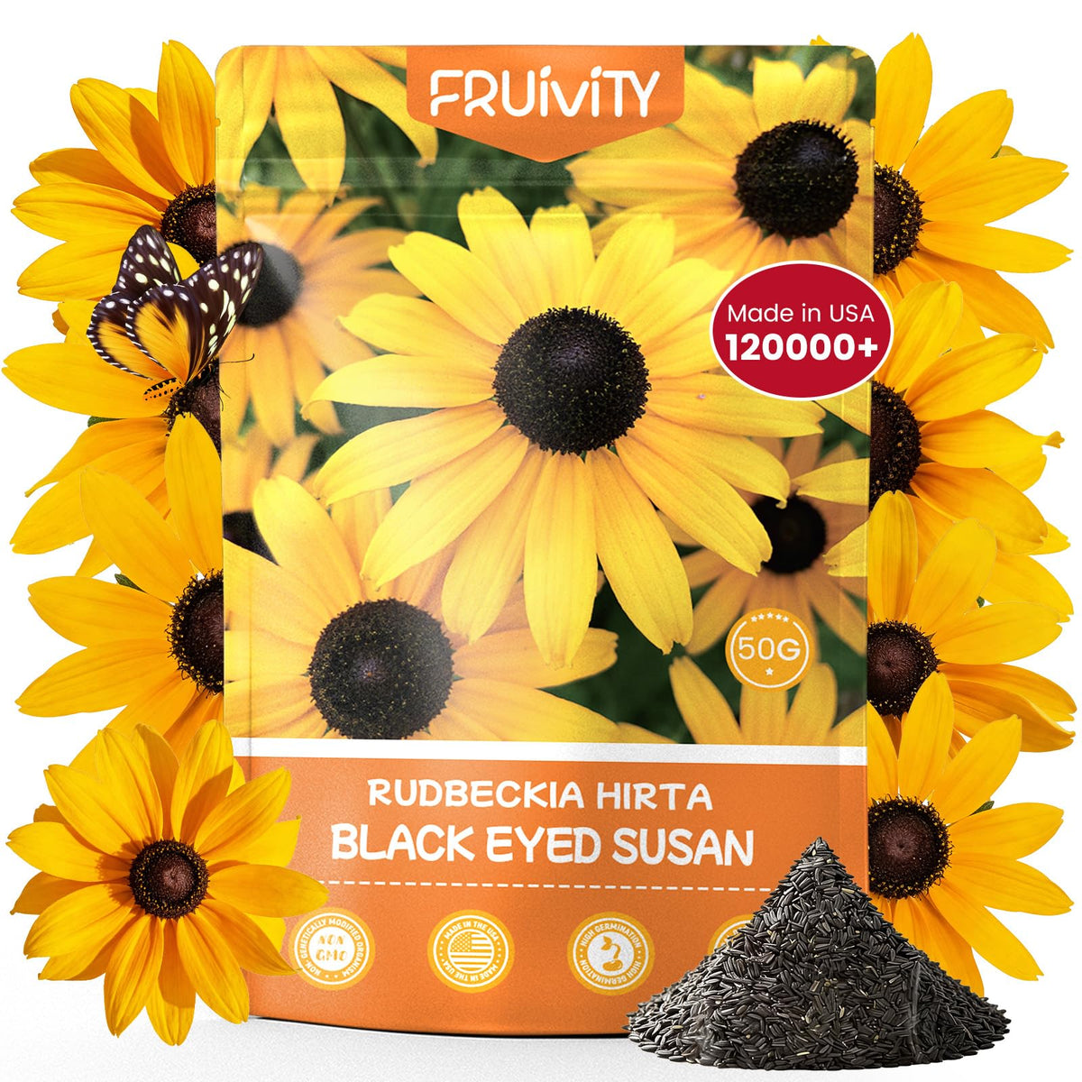 Fruivity Blackeyed Susan seeds bulk packet ready for quick germination in borders.