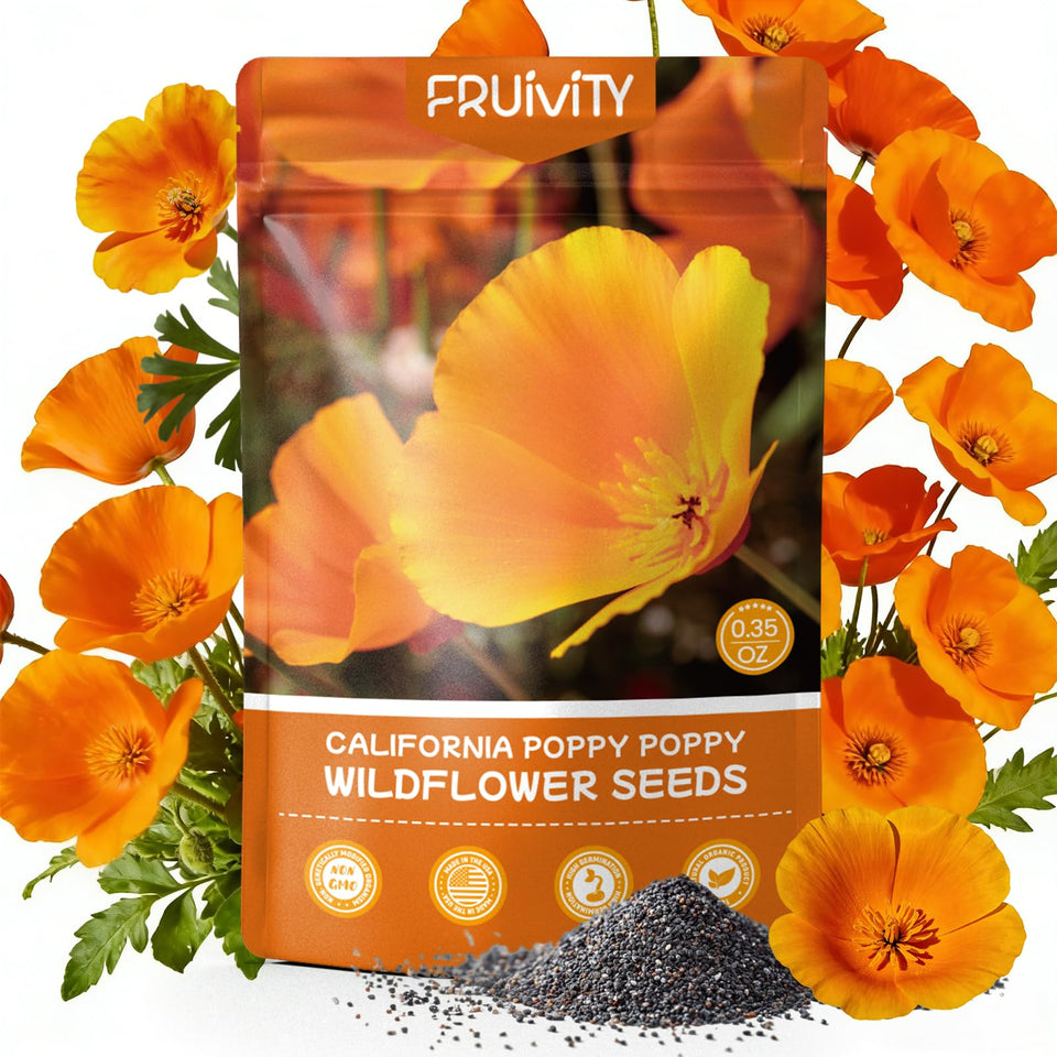 Fruivity California Poppy Seeds pack image with 0.35oz of live seeds for easy planting